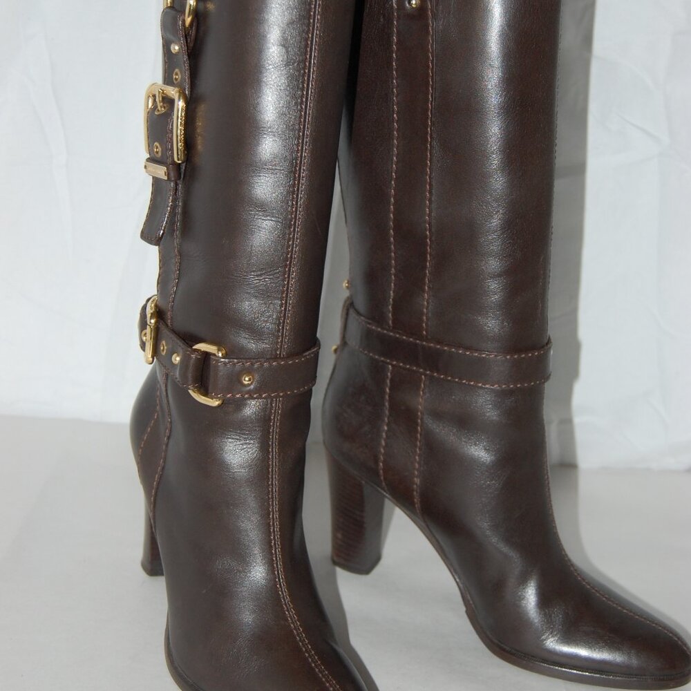 37.5/7.5❤️ Dolce & Gabbana Brown Leather High Heels Mid Calf Tall Biker BOOTS …